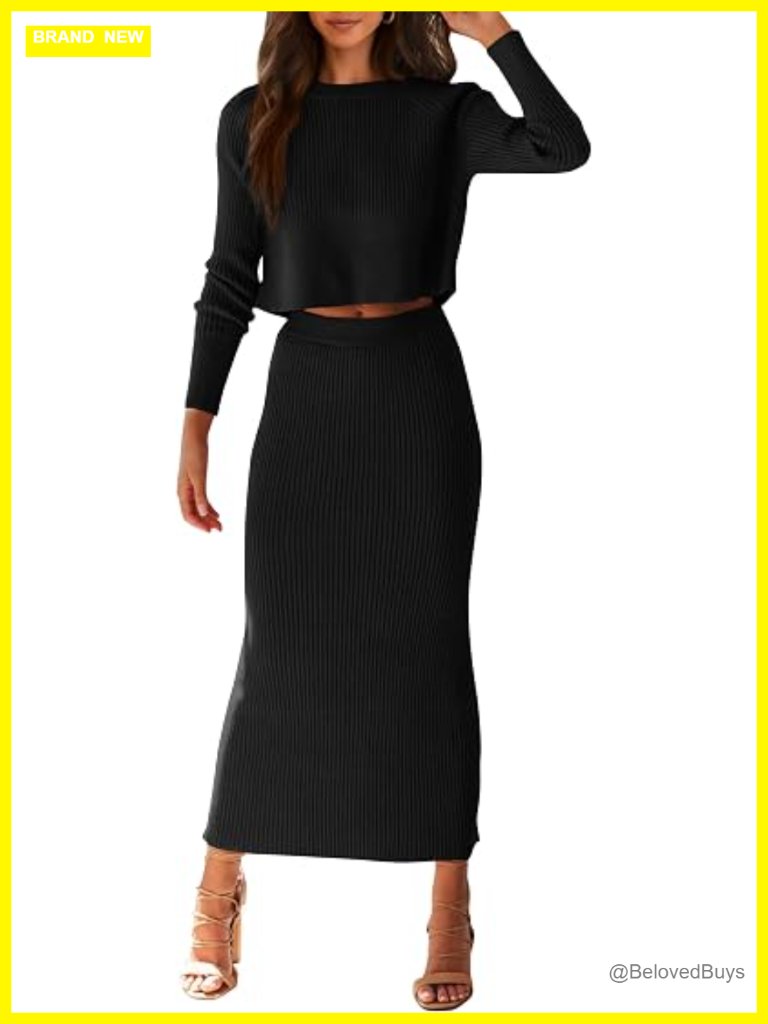 2 Piece Sweater Set Rib Knit Long Sleeve Crop Top Maxi Bodycon Skirt Matching